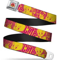Looney Tunes Logo Full Color White Seatbelt Belt - Tweety Bird Poses CUTE LITTLE YELLOW BIRD Yellow/Pink Webbing