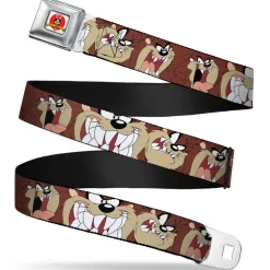 Looney Tunes Logo Full Color White Seatbelt Belt - Tasmanian Devil Expressions Brown Webbing