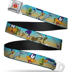 Looney Tunes Logo Full Color White Seatbelt Belt - Road Runner/Wile E. Coyote Scene1 Desert Webbing
