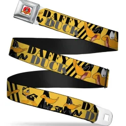 Looney Tunes Logo Full Color White Seatbelt Belt - DAFFY DUCK w/Poses Yellow/Black Webbing