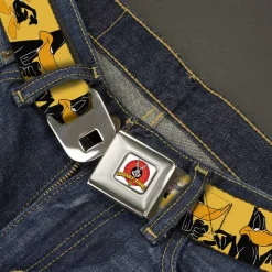Looney Tunes Logo Full Color White Seatbelt Belt - DAFFY DUCK w/Poses Yellow/Black Webbing