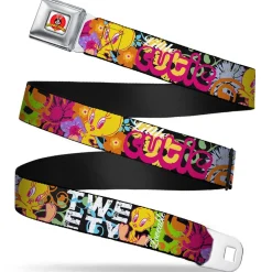 Looney Tunes Logo Full Color White Seatbelt Belt - Tweety Bird Poses LITTLE CUTIE-LOVEABLE Black/Multi Color Webbing