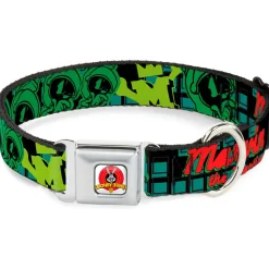 Looney Tunes Logo Full Color White Seatbelt Buckle Collar - MARVIN THE MARTIAN w/Poses Black/Turquoise