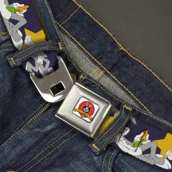 Looney Tunes Logo Full Color White Seatbelt Belt - Bugs Bunny Poses/Stars Navy Webbing