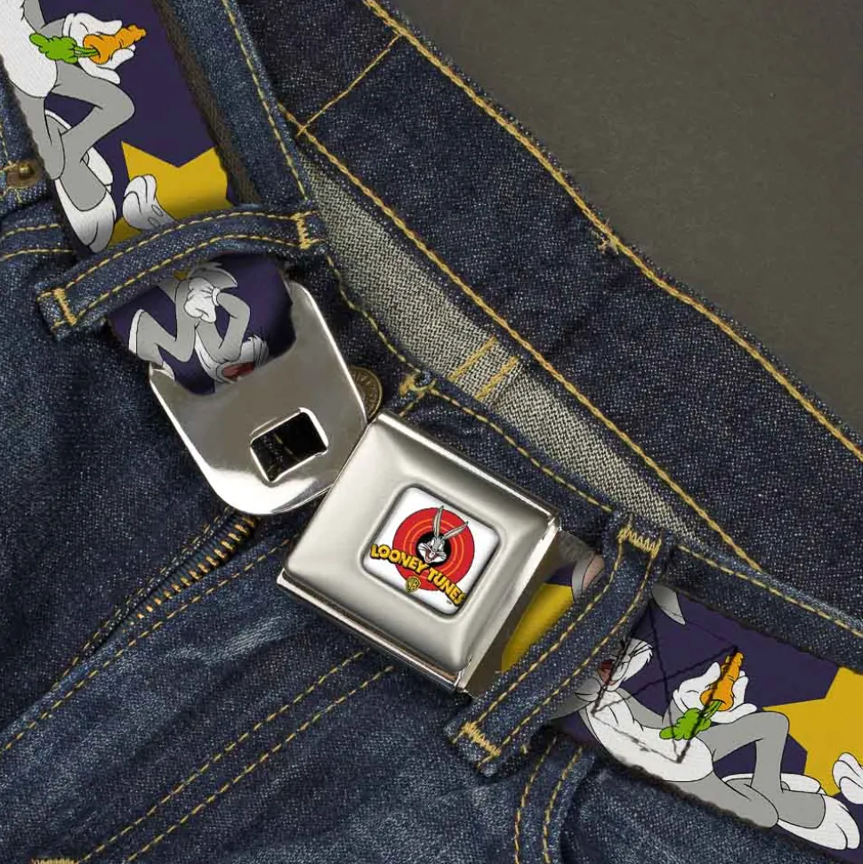 Looney Tunes Logo Full Color White Seatbelt Belt - Bugs Bunny Poses/Stars Navy Webbing