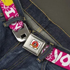 Looney Tunes Logo Full Color White Seatbelt Belt - Tweety Bird I LOVE YOU Fuchsia/White Webbing