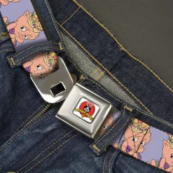 Looney Tunes Logo Full Color White Seatbelt Belt - Porky Pig Hip Hop Expression Lavender Webbing
