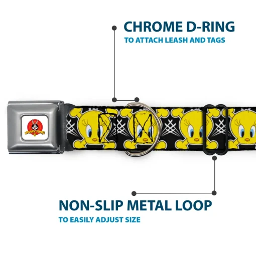 Looney Tunes Logo Full Color White Seatbelt Buckle Collar - Tweety Bird & Crossbones Black/White/Yellow