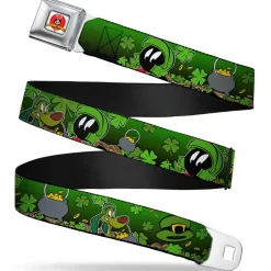 Looney Tunes Logo Full Color White Seatbelt Belt - Marvin the Martian & K-9 Poses/Clovers Greens Webbing