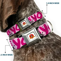 Looney Tunes Logo Full Color White Seatbelt Buckle Collar - Tweety Bird I LOVE YOU Pink/Black