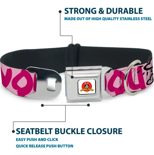 Looney Tunes Logo Full Color White Seatbelt Buckle Collar - Tweety Bird I LOVE YOU Pink/Black