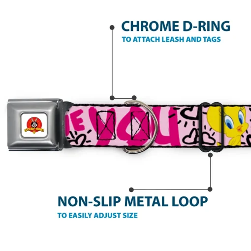 Looney Tunes Logo Full Color White Seatbelt Buckle Collar - Tweety Bird I LOVE YOU Pink/Black