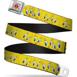 Looney Tunes Logo Full Color White Seatbelt Belt - Tweety Bird Expressions Yellow Webbing
