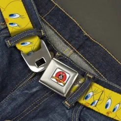 Looney Tunes Logo Full Color White Seatbelt Belt - Tweety Bird Expressions Yellow Webbing