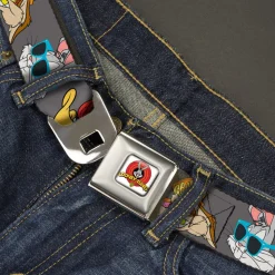 Looney Tunes Logo Full Color White Seatbelt Belt - Looney Tunes 5-Hip Hop Expressions Gray Webbing
