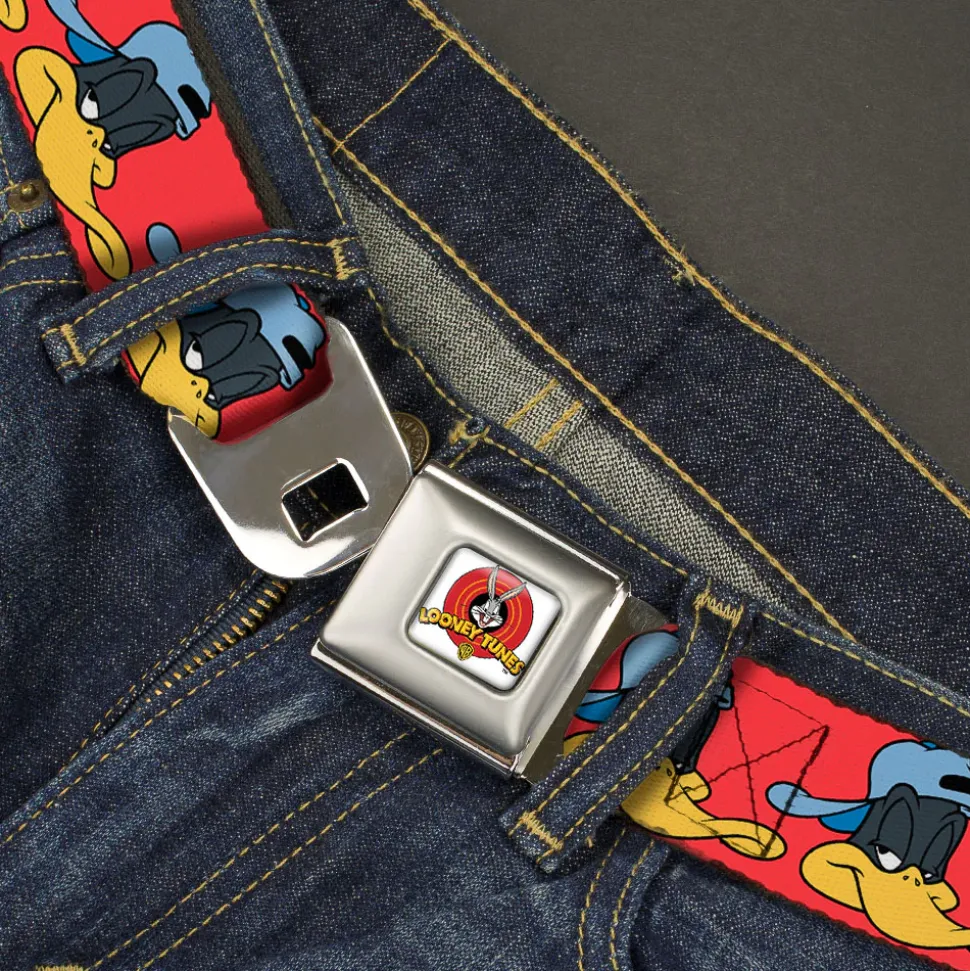 Looney Tunes Logo Full Color White Seatbelt Belt - Daffy Duck Hip Hop Expression2 Red Webbing