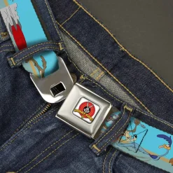 Looney Tunes Logo Full Color White Seatbelt Belt - Road Runner/Wile E. Coyote Scene2 Desert Webbing