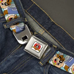 Looney Tunes Logo Full Color White Seatbelt Belt - Tasmanian Devil Boom Box Pose Baby Blue Webbing