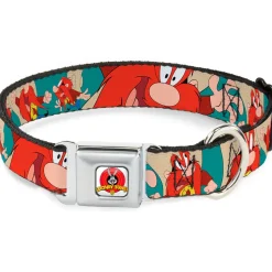 Looney Tunes Logo Full Color White Seatbelt Buckle Collar - Yosemite Sam Poses Turquoise