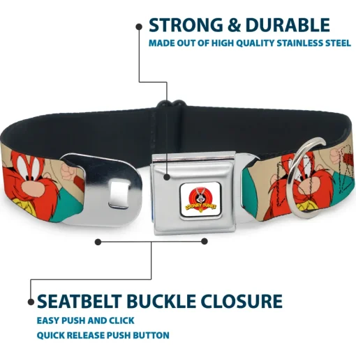 Looney Tunes Logo Full Color White Seatbelt Buckle Collar - Yosemite Sam Poses Turquoise
