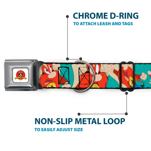 Looney Tunes Logo Full Color White Seatbelt Buckle Collar - Yosemite Sam Poses Turquoise