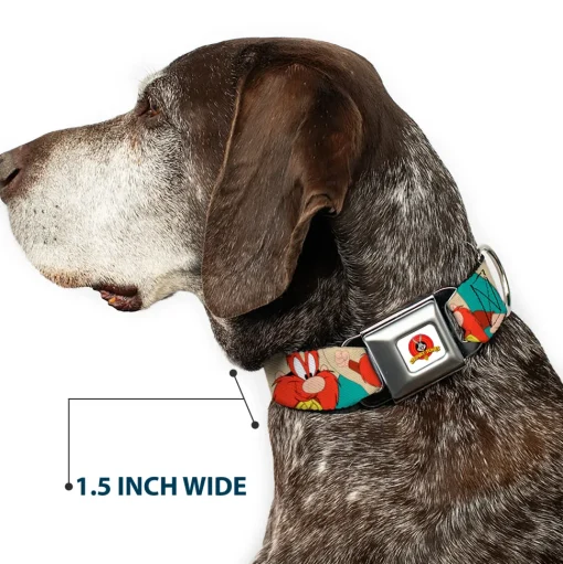 Looney Tunes Logo Full Color White Seatbelt Buckle Collar - Yosemite Sam Poses Turquoise