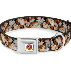 Looney Tunes Logo White Seatbelt Buckle Collar - Tasmanian Devil Vortex Poses Stacked Black