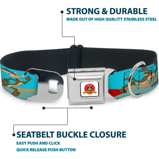 Looney Tunes Logo White Seatbelt Buckle Collar - Road Runner/Wile E. Coyote Scene2 Desert