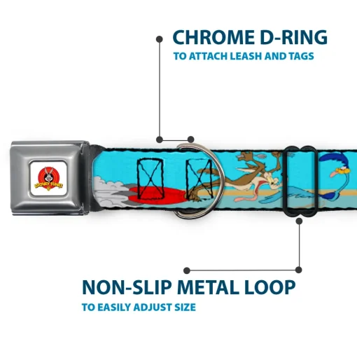 Looney Tunes Logo White Seatbelt Buckle Collar - Road Runner/Wile E. Coyote Scene2 Desert