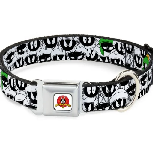 Looney Tunes Logo White Seatbelt Buckle Collar - Marvin the Martian Expressions Stacked White/Black/Green/Gold