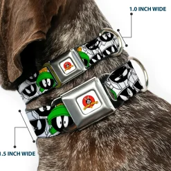Looney Tunes Logo White Seatbelt Buckle Collar - Marvin the Martian Expressions Stacked White/Black/Green/Gold