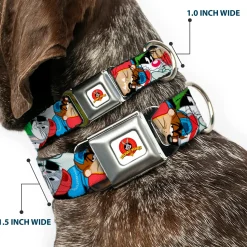 Looney Tunes Logo White Seatbelt Buckle Collar - Looney Tunes 3-B-Boy Stance Character Poses Stacked