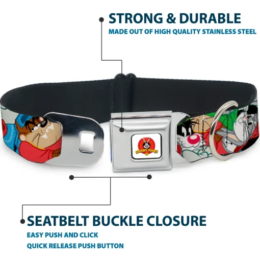 Looney Tunes Logo White Seatbelt Buckle Collar - Looney Tunes 3-B-Boy Stance Character Poses Stacked