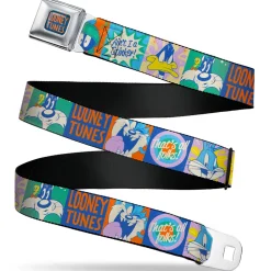 LOONEY TUNES Text Full Color Blue/Orange Seatbelt Belt - LOONEY TUNES Character Pose Block and Icon Blocks Multi Pastel Webbing