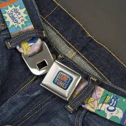 LOONEY TUNES Text Full Color Blue/Orange Seatbelt Belt - LOONEY TUNES Character Pose Block and Icon Blocks Multi Pastel Webbing