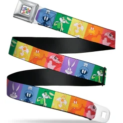 Looney Tunes THAT'S ALL FOLKS Script Full Color White/Multi Color Seatbelt Belt - Looney Tunes 6-Character Pose Pride Blocks Multi Color Webbing