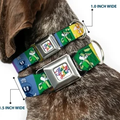 Looney Tunes THAT'S ALL FOLKS Script Full Color White/Multi Color Seatbelt Buckle Collar - Looney Tunes 6-Character Pose Pride Blocks Multi Color