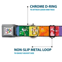 Looney Tunes THAT'S ALL FOLKS Script Full Color White/Multi Color Seatbelt Buckle Collar - Looney Tunes 6-Character Pose Pride Blocks Multi Color