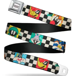 LOONEY TUNES Title Text Logo Full Color White/Black/Red Seatbelt Belt - Looney Tunes Checker Pose Blocks Black/White/Multi Color Webbing
