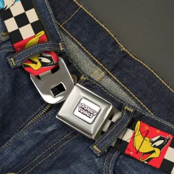 LOONEY TUNES Title Text Logo Full Color White/Black/Red Seatbelt Belt - Looney Tunes Checker Pose Blocks Black/White/Multi Color Webbing