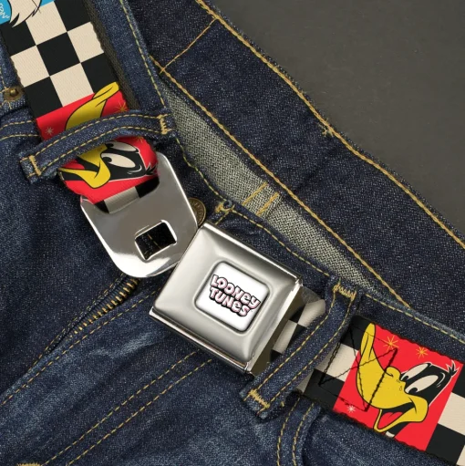 LOONEY TUNES Title Text Logo Full Color White/Black/Red Seatbelt Belt - Looney Tunes Checker Pose Blocks Black/White/Multi Color Webbing