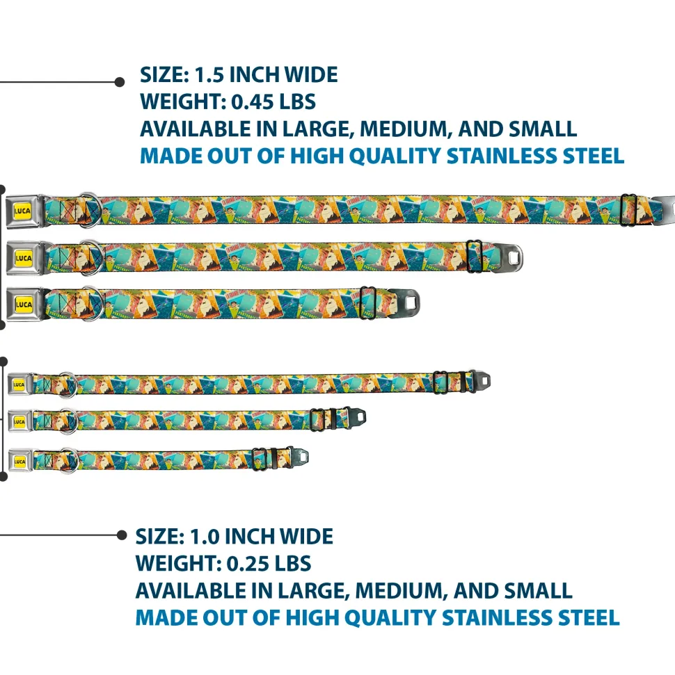 LUCA Logo Full Color Yellow/Black Seatbelt Buckle Collar - Luca The Piazza Poster Collage Stacked