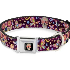 Mariposa Calavera Full Color Black/Multi Color Seatbelt Buckle Collar - Mariposa Calaveras/Butterflies/Flowers Burgundy/Multi Color