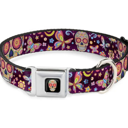 Mariposa Calavera Full Color Black/Multi Color Seatbelt Buckle Collar - Mariposa Calaveras/Butterflies/Flowers Burgundy/Multi Color