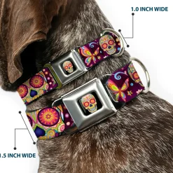 Mariposa Calavera Full Color Black/Multi Color Seatbelt Buckle Collar - Mariposa Calaveras/Butterflies/Flowers Burgundy/Multi Color