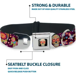 Mariposa Calavera Full Color Black/Multi Color Seatbelt Buckle Collar - Mariposa Calaveras/Butterflies/Flowers Burgundy/Multi Color