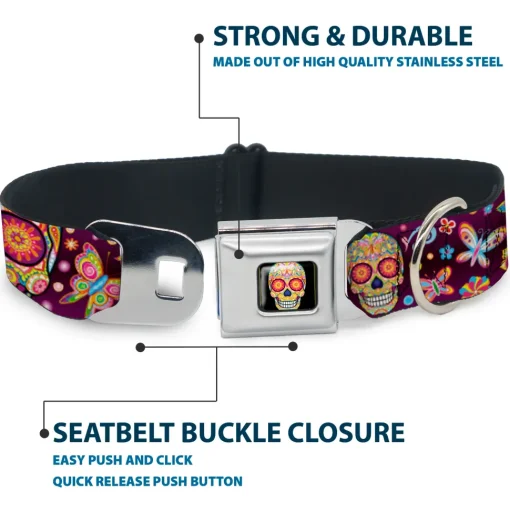 Mariposa Calavera Full Color Black/Multi Color Seatbelt Buckle Collar - Mariposa Calaveras/Butterflies/Flowers Burgundy/Multi Color