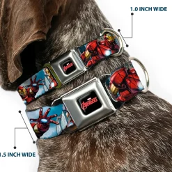 MARVEL AVENGERS Logo Full Color Black/Red/White Seatbelt Buckle Collar - IRON MAN w/Avengers Logo Cityscape