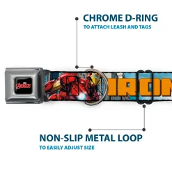 MARVEL AVENGERS Logo Full Color Black/Red/White Seatbelt Buckle Collar - IRON MAN w/Avengers Logo Cityscape