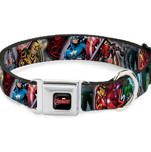 MARVEL AVENGERS Logo Full Color Black/Red/White Seatbelt Buckle Collar - Marvel Avengers Superhero/Villain Poses